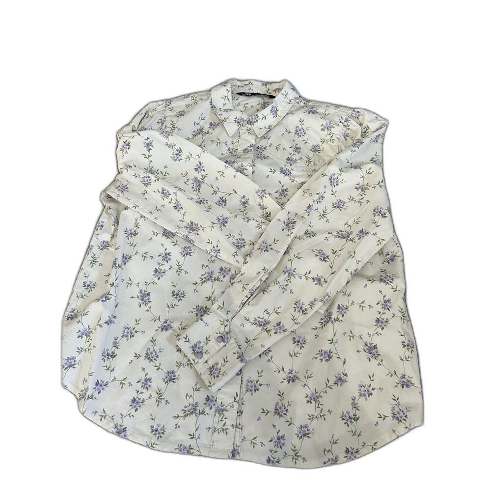 Zara purple and green floral Printed Long Sleeve Button Down Shirt M
